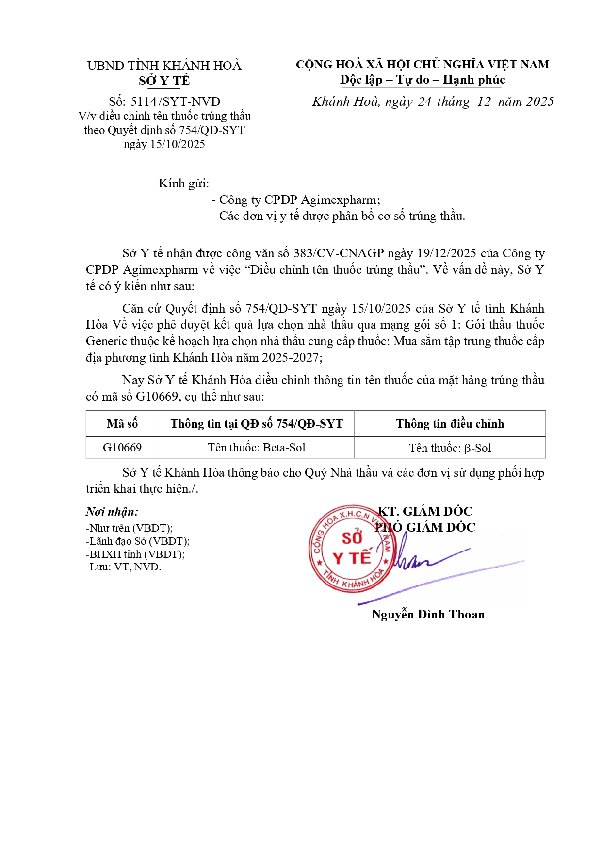 V/v điều chỉnh tên thuốc trúng thầu theo Quyết định số 754/QĐ-SYT ngày 15/10/2025